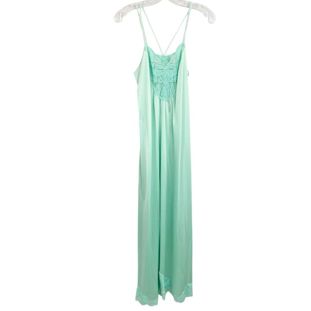 Vintage Mint Green Satin Slip Dress Lace Maxi Y2K Fairy Coquette - Size Small